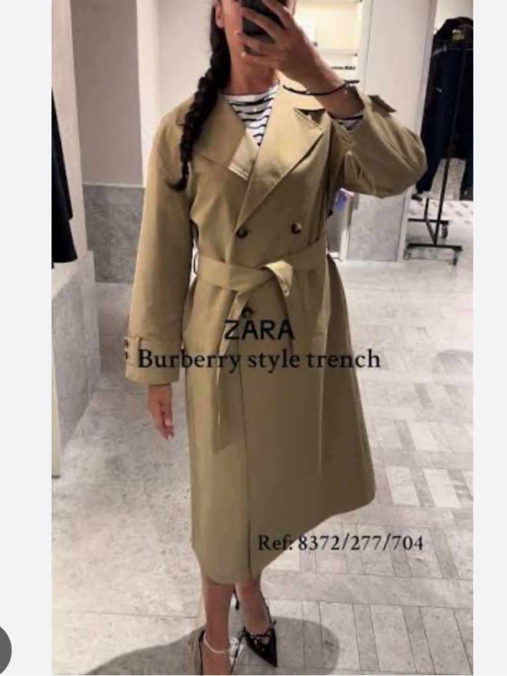 Zara Khaki Double-Breasted Trench Coat with Tie Belt | S - Picture 2 of 7